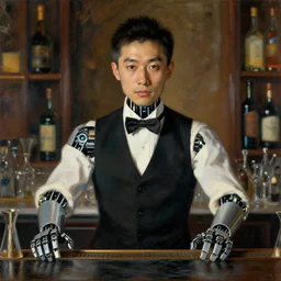 portrait of a male chinese robot bartender by edouard manet