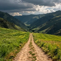 an open field, straight dirt path leading downhill into a valley, full color