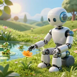 close-up of a robot sitting down, reaching to grab a single flower in the grass, utopian grassy landscape background, pond with frogs and lilypads, sun shining through the leaves, 3d render, fantasy, Unreal Engine, octane render, ray tracing, Unity, highly detailed, high quality, HD, 4k, 8k, realistic, sharp, trending