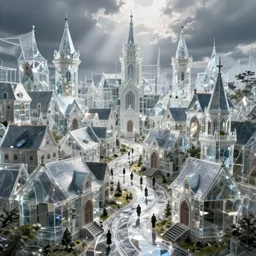 Distorted Fantasy medieval village covered in clear translucent material like glass