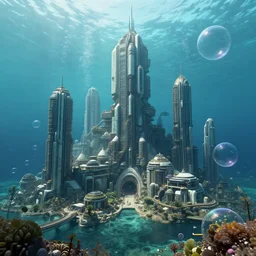 professional photo of giant scifi city under bubbles in the sea, ultra detailed, megascan, realistic, photorealistic, wide-angle, 8k