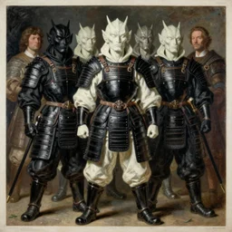pale white oni in black armor, monumental painting by gerrit van honthorst and hajime sorayama and devis stuart, illusion surreal art, highly conceptual figurative art, intricate detailed oil illustration, controversial poster art, polish poster art 1 9 8 0