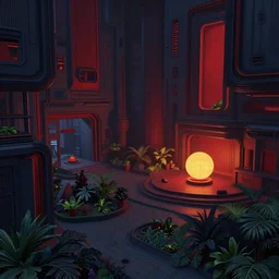 a beautiful 2D cyberpunk architecture, rooms, interior, garden, dark bluish gray, shades of dark crimson red, warm yellow, glowing objects, intricate, layers, depth, by James jean, trending on ArtStation