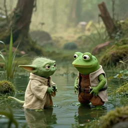 pepe the frog meets yoda in a swamp on dagobah, a scene from'the empire strikes back ', wide angle shot, cinematic, hyper realistic,