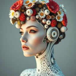 beautiful cyberpunk mechanoid woman portrait with a smooth porcelain ivory profile face, beautiful natural light, futuristic haute couture, iris van herpin, laser cut paper lace, headdress made of sponge corals, daisies, colorful mushrooms, puffballs, white red rhizomorphs, cyberpunk metallic brackets, octane highly render, 8 k, ultra hd