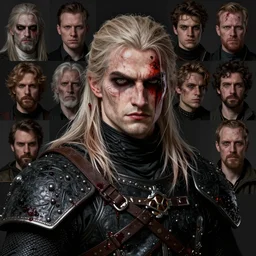 portrait of geralt of rivia with bloody clothes, intricate face, cel shaded, edited in photoshop, scary, epic, ilya kuvshinov, krenz cushart, artgerm, trending on artstation, edward hopper, dan mumford, wlop, rutkowski, beksinski, carl spitzweg, moebius