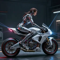 woman riding a futuristic motorbike, futuristic , very detailed, dramatic laser lighting, detailed mechanical hands, electrical  details, high details, 4k, 8k, trending on artstation, by Hajime Sorayama and Boris Vallejo