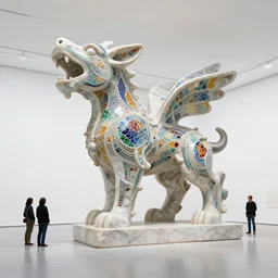 establishing wide view shot of stunning massive intricate fascinating sculpture of an abstract marble creature with colored glass mosaic tiles by * zhelong xu * in huge empty white gallery. with collaboration of zhelong xu, sayaka ganz, edouard martinet