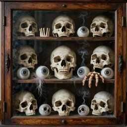 a cabinet of curiosities. skulls. eyeballs. fingers. teeth. hair. eerie smoke. zdzisław beksinski, dariusz zawadzki, greg rutkowski. vapourwave
