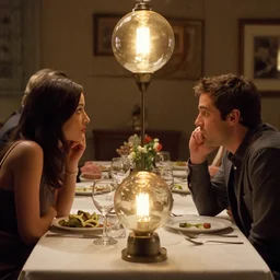 still frame from a romantic comedy, showing two spherical glass plasma lamps with human normal human bodies having an awkward dinner date.