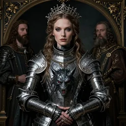 very beautiful portrait of christine turlington as princess of the dark tattoo world, magical monster in her arms at the front, by jan van eyck, frederic leighton, mysticism, intricate, highly ornate dark silvery trim armoury