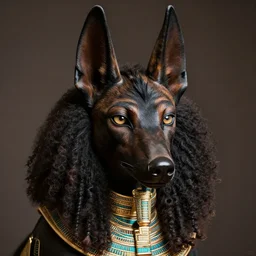 portrait photography of anubis jackal with human face, goddess oni african face, detailed face, clear eyes, clear mouth, demihuman, ra anubis, looking towards the camera. afro style. high details, humanoid demigod.