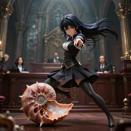 beautiful gothic court room. lawyer arguing in court, anime, beautiful , epic angle and pose, 3d with depth of field, blurred background, female, nautilus. A highly detailed epic cinematic concept art CG render. made in Maya, Blender and Photoshop, octane render, excellent composition, cinematic dystopian brutalist atmosphere, dynamic dramatic cinematic lighting, aesthetic, stylized, very inspirational, Koda Kazuma, Hidetaka Miyazaki, Tetsuya Nomura, Yusuke Murata