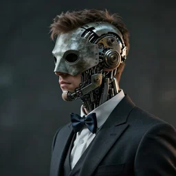 a masked rugged young engineer man with cybernetic enhancements wearing a suit and bowtie, detailed mask, scifi character portrait by greg rutkowski, esuthio, craig mullins, 1 / 4 headshot, cinematic lighting, dystopian scifi gear, gloomy, profile picture, mechanical, half robot, implants, steampunk