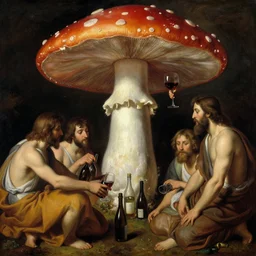 jesus serving wine to his disciples under a giant amanita muscaria mushroom, classic oil painting