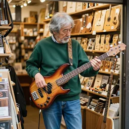 70 year old man with gray hair and beard, forest green sweatshirt, blue jeans, playing bass guitar in his woodblock print store in Tokyo, DSLR photo