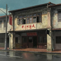 an old cinema at a quiet petaling street in chinatown, kuala lumpur, rainy day, matte painting, studio ghibli, artstation