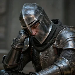 tired knight with dust on his face, realistic, 8 k, extremely detailed, cgi, trending on artstation, hyper - realistic render, by greg rutkowski