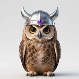 A brown owl wearing a viking helmet adorned with a purple crystal, a silver shield and a green tunic. Commission by Juliano Vieira.