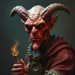 portrait of red - skinned goblin alchemist, illustration concept trending pixiv fanbox by wlop and greg rutkowski and caravaggio and rosa bonheur, and william harnett, hyperrealism art