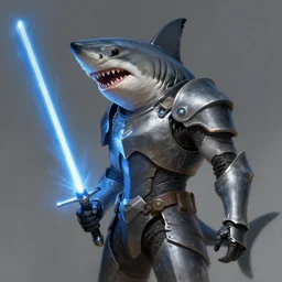 digital painting of a shark in armor with a lightsaber, fantasy, portrait, scifi, realistic, detailed, concept art, ruan jia, wlop