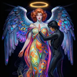 alterd carbon, angel protecting woman, neon, detailed intricate render, dark atmosphere, detailed illustration, hd, 4 k, digital art, overdetailed art, by greg rutkowski, by loish, alphonce mucha, complementing colors, trending on artstation, deviantart
