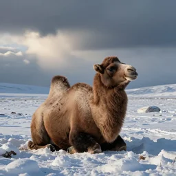 camel sitting in a pile of snow in the arctic