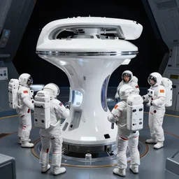 teleportation machine in a spaceship, with astronauts preparing to use it, the machine is a large metal contraption with a bright light in the center by charles angrand