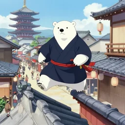 a polar bear dressed as a shogun, jumping from the roof into a busy street in 18th century Japan, anime style