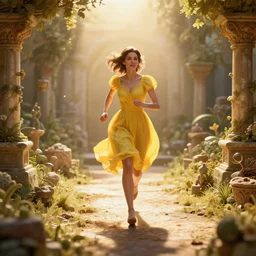 highly detailed macro photo of a woman in a yellow dress runs to the center of the frame, stephen bliss, unreal engine, global illumination, radiant light, detailed and intricate environment