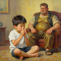 hungry boy sit infront wealth boy. painting - n 9