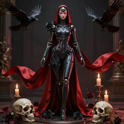 full-body cyberpunk style sculpture of a young beautiful dark priestess, half android with a head opening exposing circuitry. glowing red eyes, black roses, flowing blood-red colored silk. fabric, candles. baroque elements. human skull. full-length view. baroque element. intricate artwork by Caravaggio. crows flying in background. Trending on artstation, octane render, cinematic lighting from the right, hyper realism, octane render, 8k, depth of field, 3D