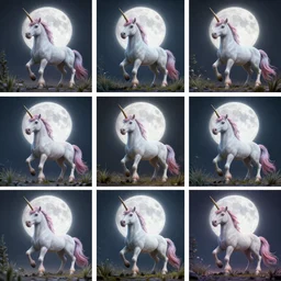 3 by 3 array of images. a unreal engine scene, unicorn, full moon, concept art, hyperrealistic, trending on artstation, high quality, highly detailed, path traced, soft lighting, soft colors, digital art, 8 k hdr, octane render, unreal engine 5,