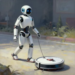a robot walking a roomba on a leash, sci fi painting