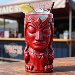 a closeup photorealistic photograph of a glossy scarlet witch style tiki mug sitting at an outdoor trader vic's bar featuring scarlet witch's face. tiki theme. icy colorful drink. bright scene. fine detail. this 4 k hd image is trending on artstation, featured on behance, well - rendered, extra crisp, features intricate detail, epic composition and the style of unreal engine.