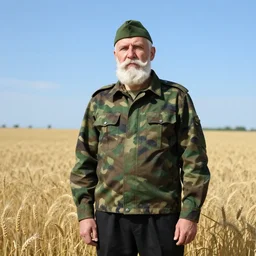 soldier of slavic appearance with a white beard, white mustache, white hair in a green cap, green camouflage, in black trousers against a blue sky and wheat fields in the style of andrei riabovitchev, realism, portrait