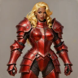 Picture of Female Paladin, bulky armor, metallic red, golden hair, dark brown skin, becautiful face, pin-up poster girl, by wlop, artgerm and genzoman, painting, HD
