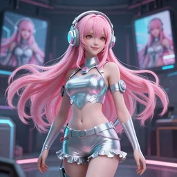 insanely detailed. by wlop, ilya kuvshinov, krenz cushart, greg rutkowski, pixiv. zbrush sculpt, octane, maya, houdini, vfx. pink on cyan silver, gorgeous young cg gentle girlish feminine with long hair, long flowy hairstyle, wearing futuristic headphones, frills, short pants, friendly smiling, in luxury advertisement. cinematic dramatic atmosphere, sharp focus, volumetric lighting