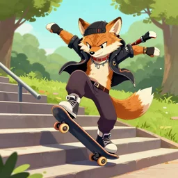 digital art of a anthropomorphic male coyote wearing skaterpunk clothes doing a kickflip down a staircase at a public park. Furaffinity.