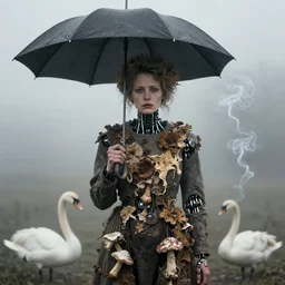 photographic portrait of sad max ernst woman robotic dried melting floral fungus with spiraling cigarette smoke, holding an umbrella and a swan, in fog, editorial