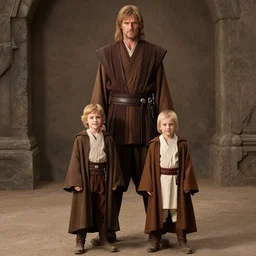 Two kids in a Jedi cloak pretending to be a tall man