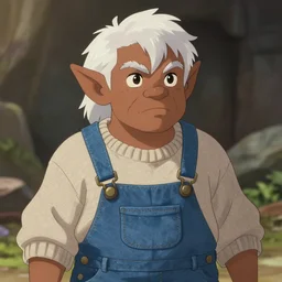 a young brown skinned dungeons and dragons dwarf with white hair, wearing denim overalls and a baggy sweater, digital painting, matte, makoto shinkai, animation style