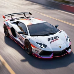 Speed Racer new Lamborghini Super Car, Tv show Speed racer decals and body line design, neon edges on bottom of body, concept art, hyper realistic, photo realistic, intricate details, Rhino rendered, glossy paint, sunny, dynamic lighting, Lamborghini concept car designer art, 3Ds Max rendered, octane rendered, 8k
