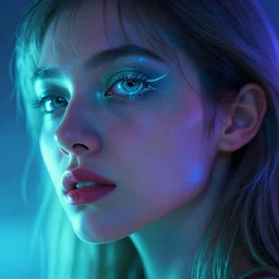 mcro head shot of female, cyan backlighting synthwave colors fantasy art by lois van baarle greg rutkowski