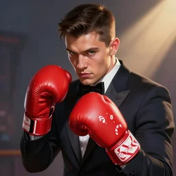 Gigachad Sam Hyde wearing a high-end suit, boxing stance, wearing candy cane theme boxing gloves, sigma male, accurately portrayed, portrait art by alphonse mucha and greg rutkowski, highly detailed, digital painting, concept art, illustration, dim lighting with twilight rays of sunlight, trending on artstation, very detailed, smooth, sharp focus, octane render, close up