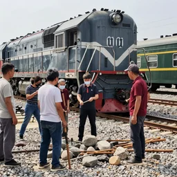 a lot of people with sticks and stones surrounded two people, against the background of a train locomotive
