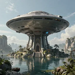 abandoned giant ufo on a humongous paradise biome, fantasy, ornate, hyper realism, wet reflections, intricate, digital art, detailed, studio shot, unreal engine 5, octane, high definition, smooth, artstation, behance