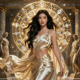 highly detailed photoshoot of elegant nora _ kyzy asian super goddess, sun kissed face, long hair, glowing skin, silky flowing alive cloth, greek scene, beautiful warrior body by leyendecker, dozens of astral diamoind sigils in air, by greg rutkowski, brom, anato finnstark, alphonse mucha, cinematic lighting,