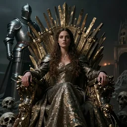 film still of closeup a woman sitting on a throne on a mountain of dead knights. one knight still standing by emmanuel lubezki