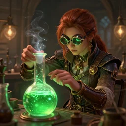 subject = (steampunk alchemist with goggles concentrating on her latest creation), foreground = (a flask filled with glowing green liquid, specular highlights within, volumetric light, ray traced), background = (medieval alchemical workshop, filled with supplies), by ross tran, cgsociety, artstation, digital art, highly detailed, beautiful, award winnning, action action action, tilt shift, dramatic
